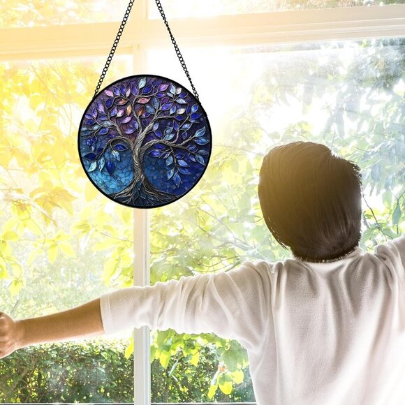 Blue Purple Tree of Life s Colorful Glass Panel Plants Suncatcher Decor for Birt - Picture 3 of 6